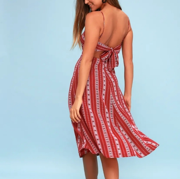 Red Rust Print Midi Dress with tie back - Picture 2 of 4